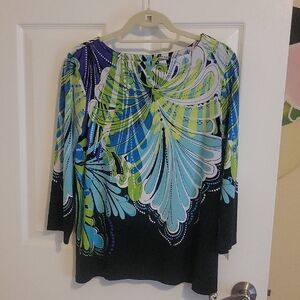 Investments Petite SzLP Scoop neck 3/4 sleeve Blue Green,purple Patterned Blouse